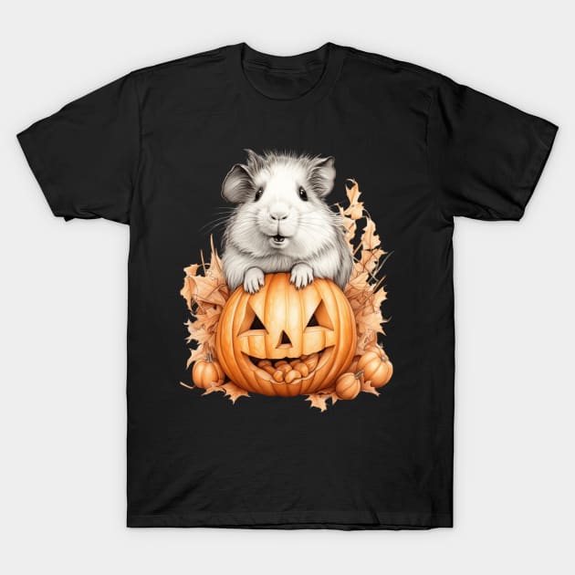 Cute Halloween Guinea Pig With Pumpkin Funny Halloween Gifts For Guinea Pigs Lover T-Shirt by AdawiArt